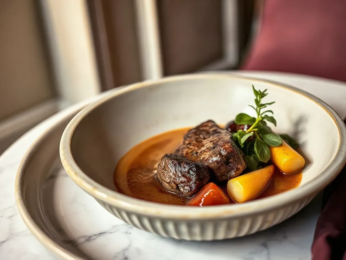 Tender glazed beef with garden herbs and vegetables on veined stoneware in warm light.