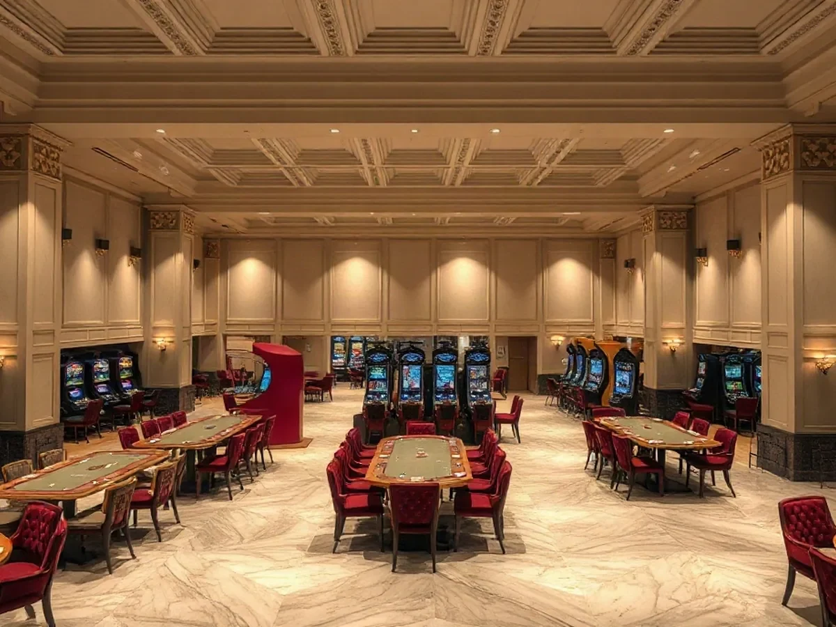 Gaming tables and slot-machine area beneath cream plaster, framed by pale oak and wine-red accents.