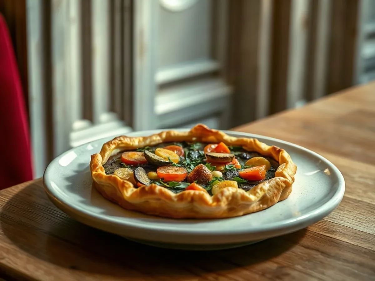 Golden vegetable tart with fresh herbs on pale stone, glowing in soft warm light.