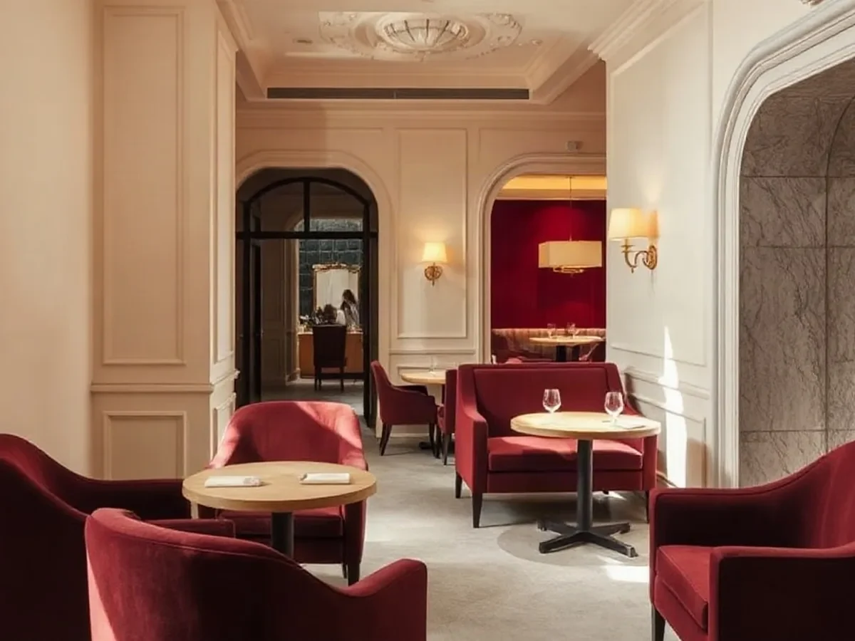 Quiet lounge corner with wine-red velvet chairs, pale oak tables and soft cream light.