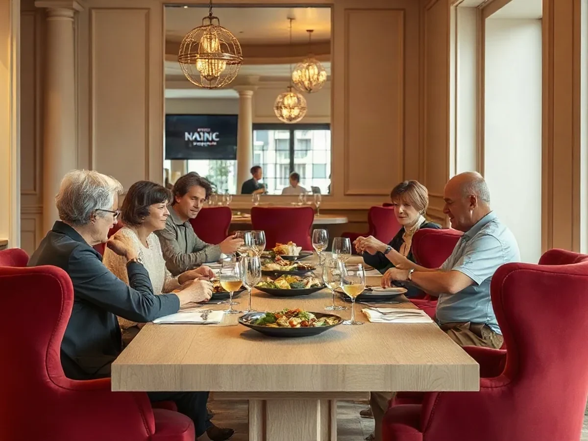 Adults sharing a brasserie meal at a pale oak table beneath warm light, with wine-red chairs.
