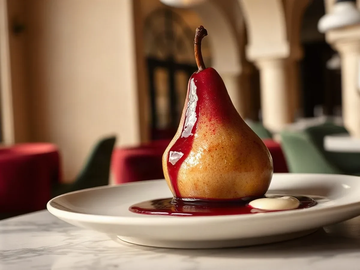 Poached pear and ruby wine syrup with cream on pale stoneware under gentle warm light.